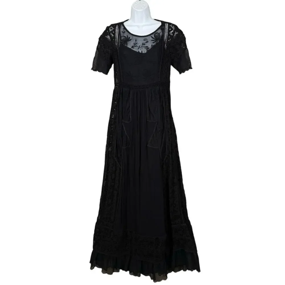 Free People Tulip Maxi Dress Black Lace Mesh Boho Victorian Romantic Goth XS